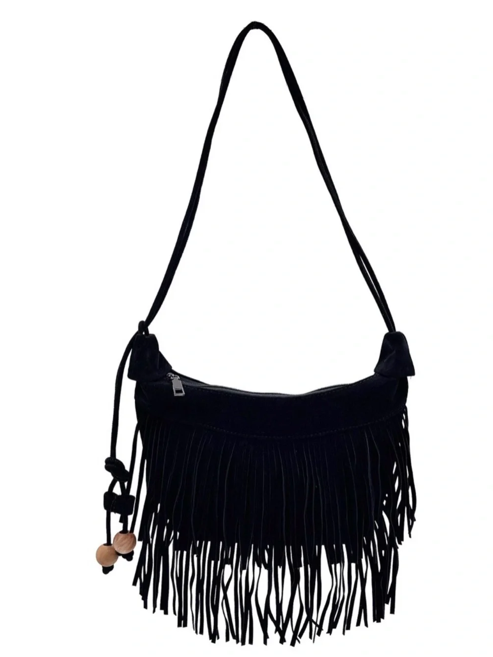 Do Everything In Love Stylish Black Fringe Shoulder Bag with Wooden Bead Accent